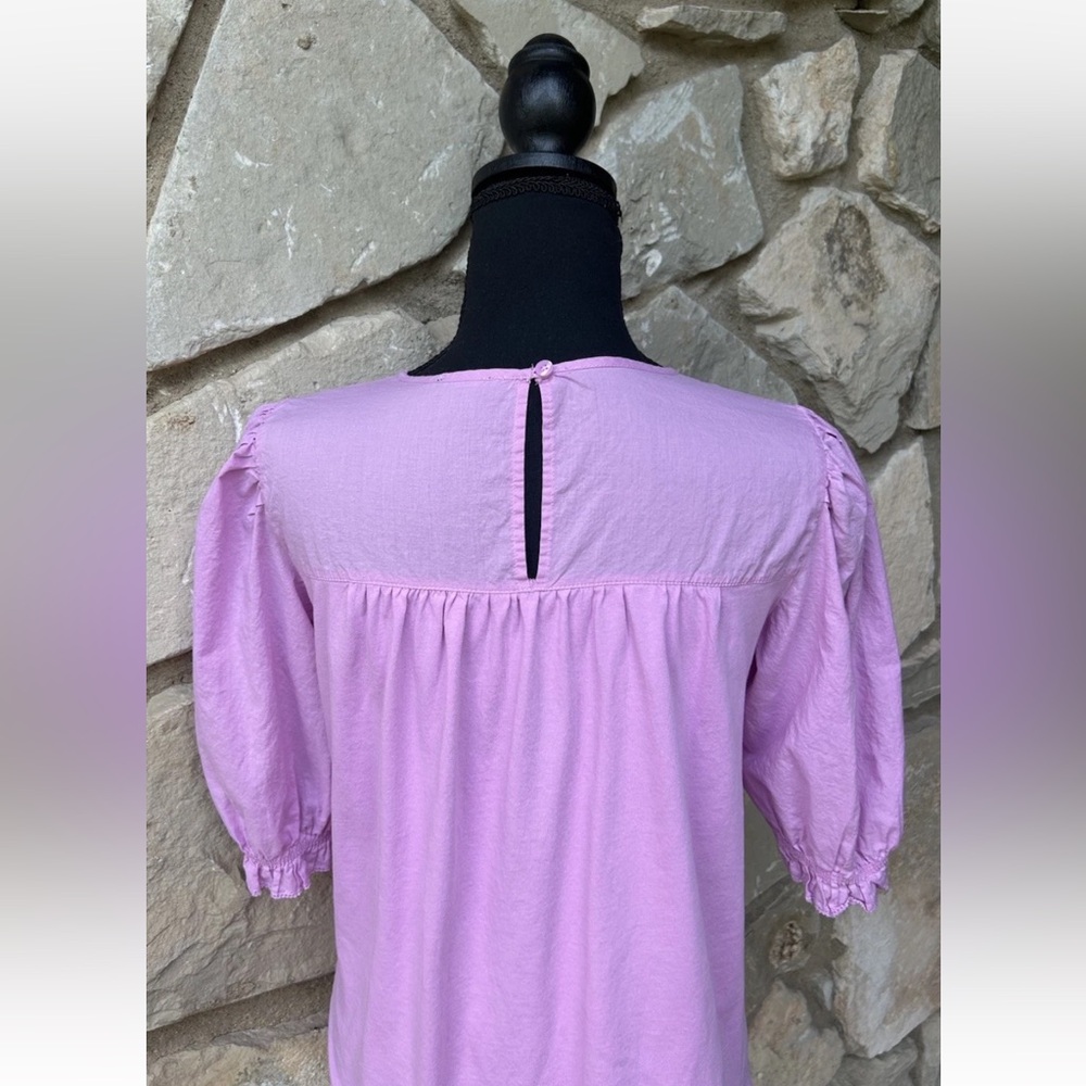 J Crew Tunic Top Small Pink‎ 3/4 Puff Ruffled Sleeves Embroidered Excellent - Picture 7 of 9